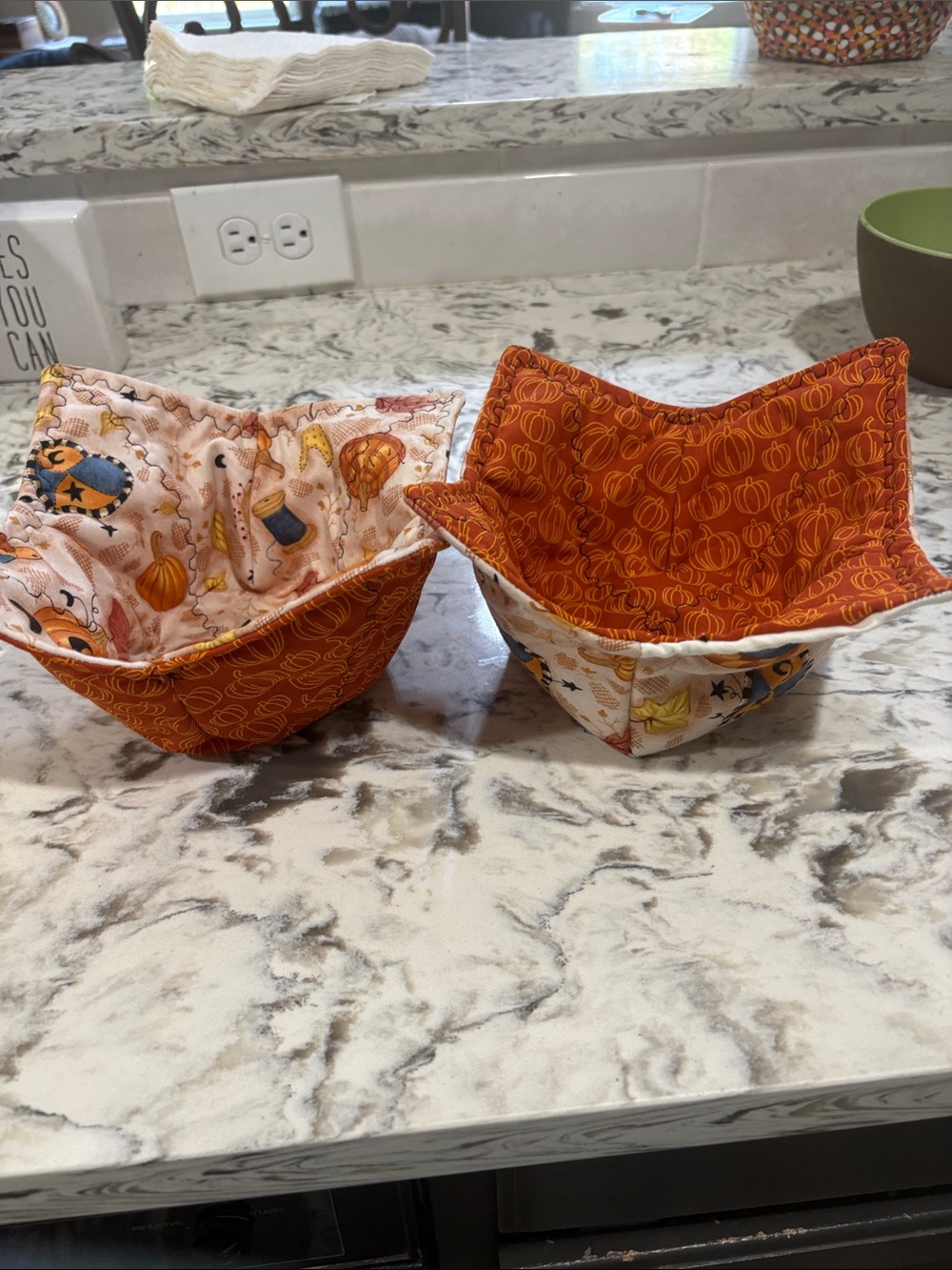 Handmade Fabric Bowl Cozies pair of 2 Orange Pumpkin Print